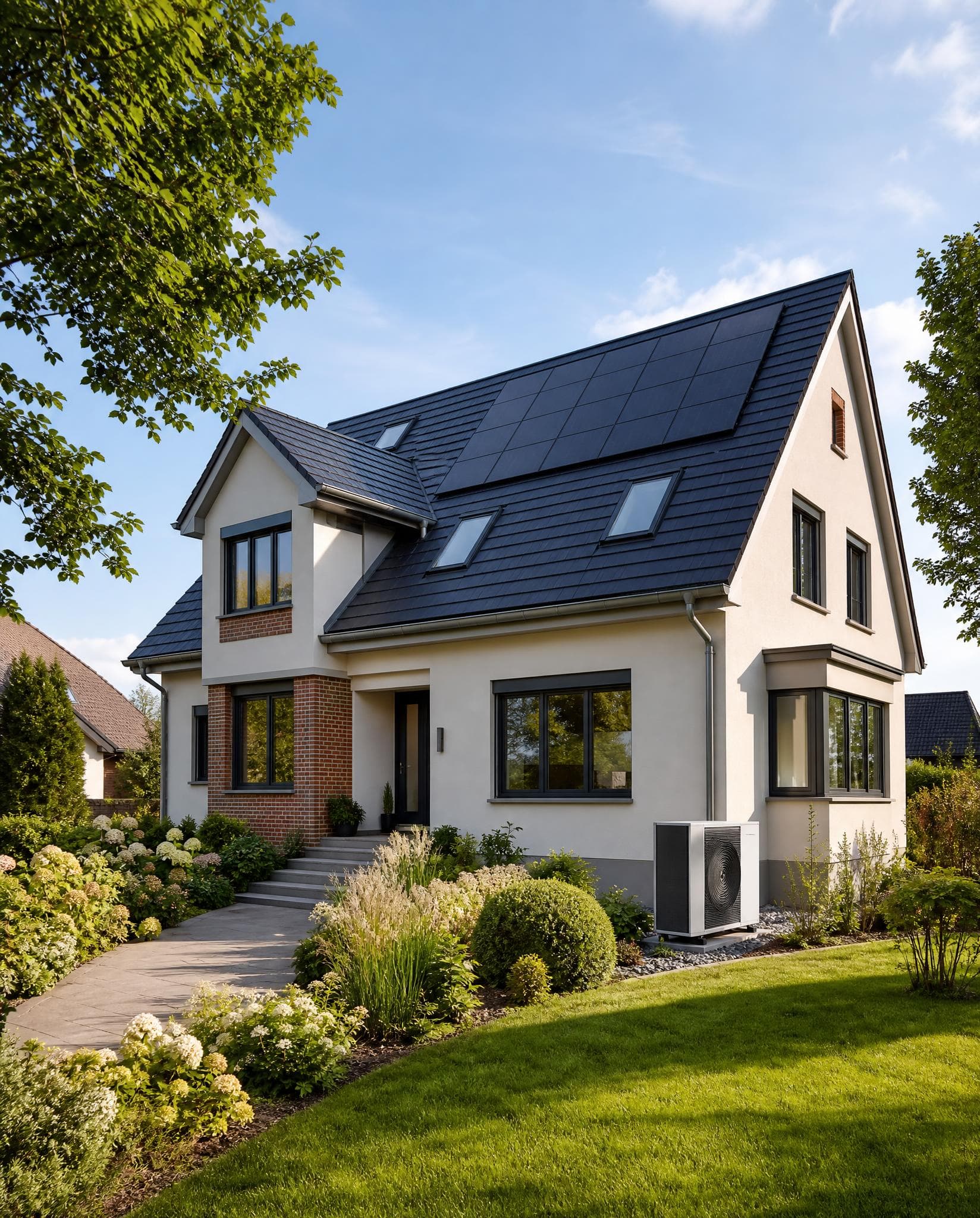 Modernisiertes Einfamilienhaus mit Photovoltaikanlage und außen aufgestellter Wärmepumpe