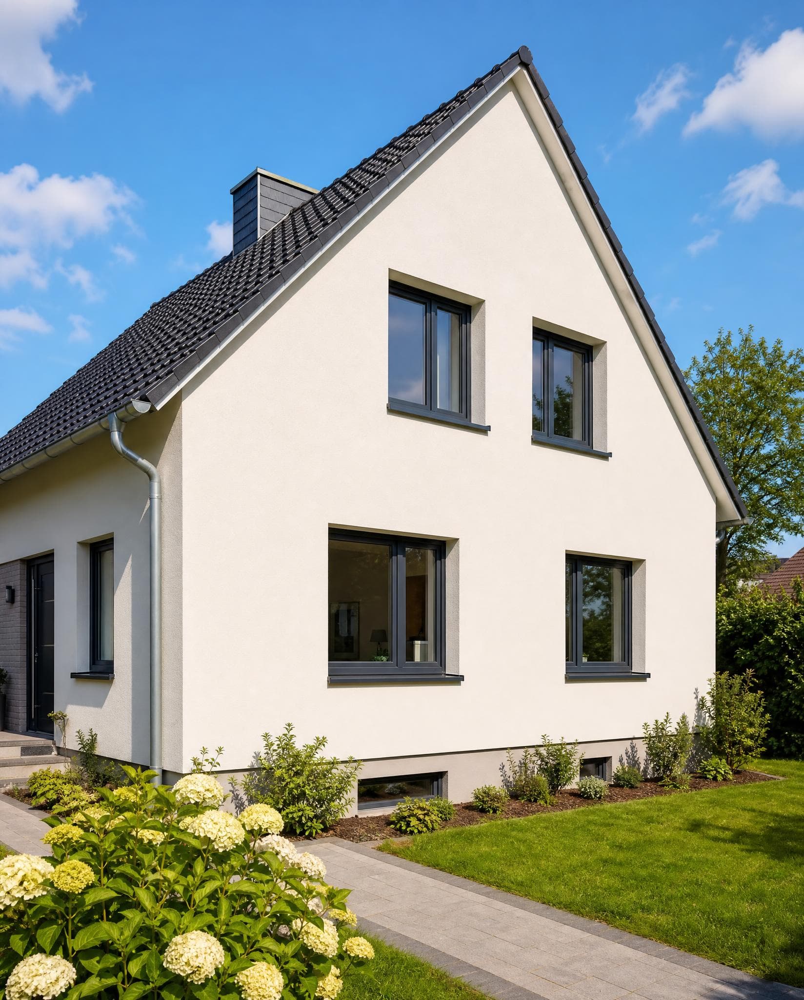 Fertig sanierte Fassade eines Wohnhauses