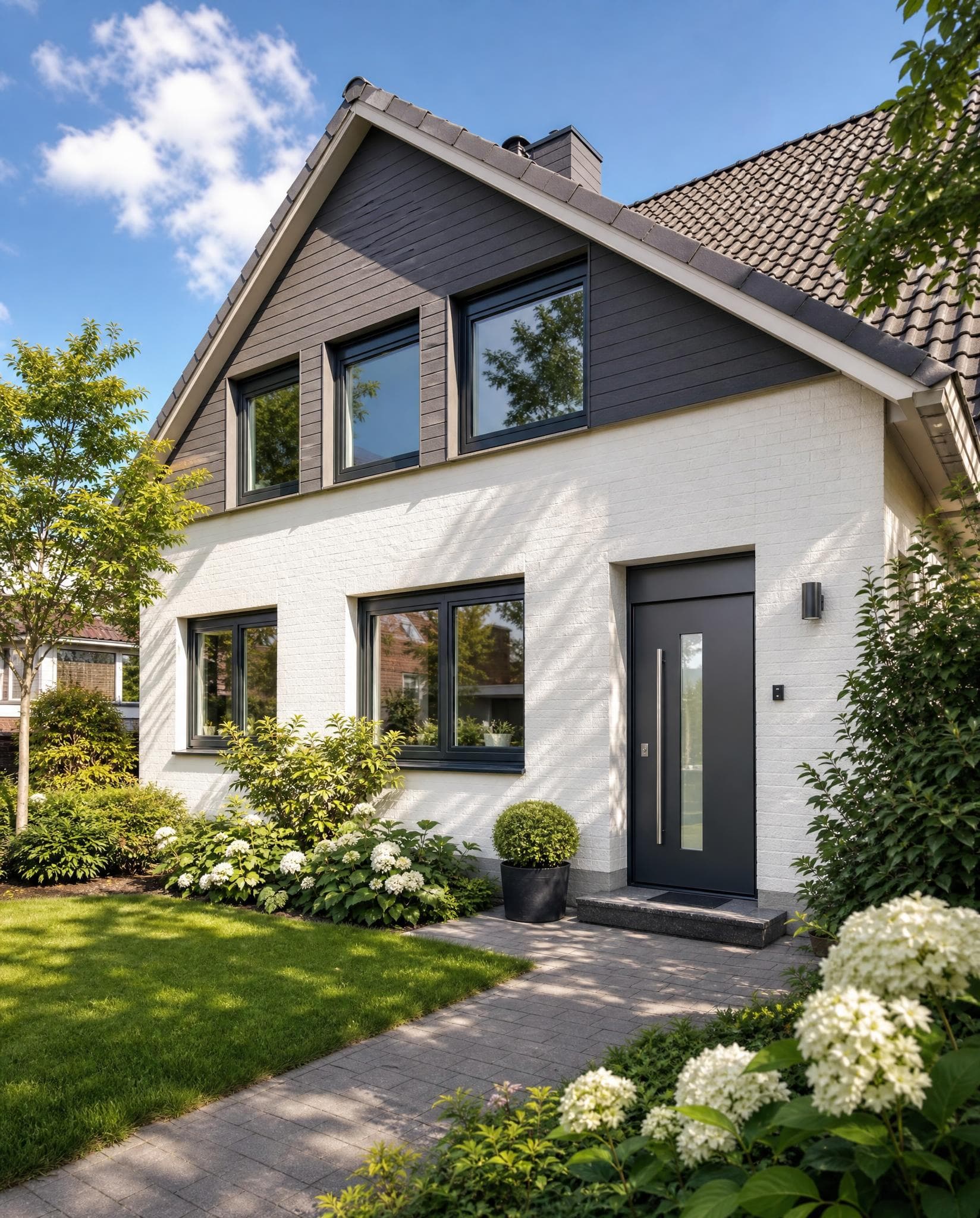 Neue energieeffiziente Fenster und Haustür an einem Wohnhaus